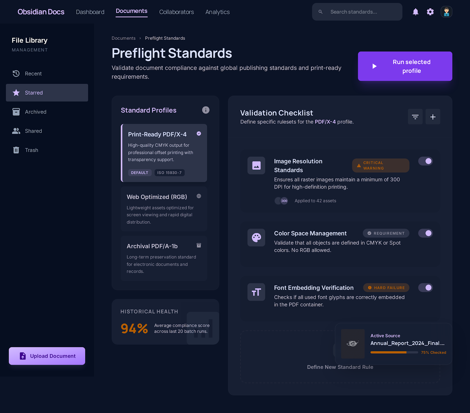 A preflight standards workspace with profile cards, validation rules, and a run action.